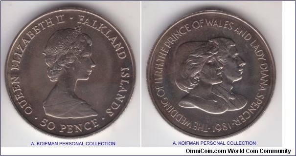 KM-16, 1981 Falkland Islands 50 pence; copper-nickel, reeded edge; Prince of Wales and Princess Diana wedding commemorative, above average but still bag marked uncirculated