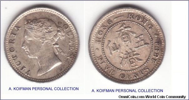 KM-5, 1891 Hong Kong 5 cents, Victoria; silver, reeded edge; good very fine to an extra fine for the details but some scuffing