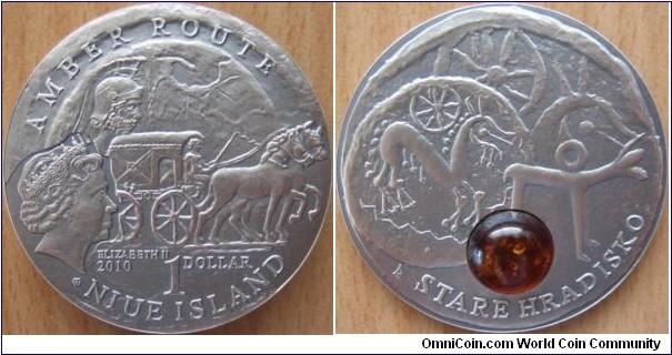 1 Dollar - Amber route : Stare Hradisko - 28.28 g Ag .925 oxidized with real piece of amber - mintage 10,000