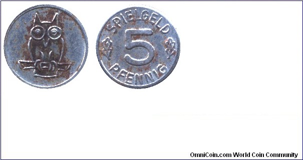 Germany, 5 pfennig, spielgeld (game-token), owl.