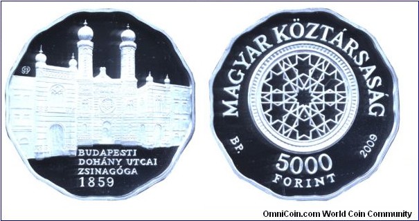 Hungary, 5000 forint, 2009, Ag, 38.61mm, 31.46g, MM: BP., From Series, Jewels of Relegious Architecture: the Dohany Street Synagogue.