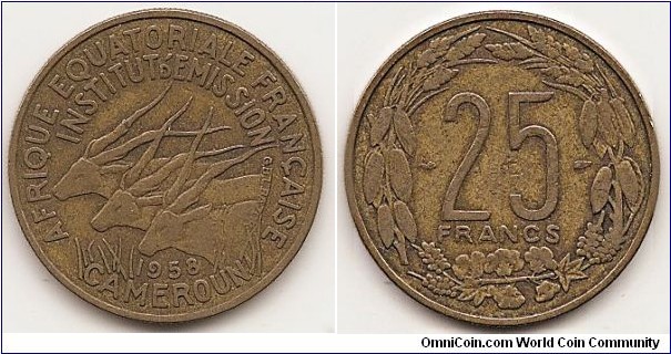 25 Francs
KM#12
Aluminum-Bronze Obv: Three giant eland left, date below Rev: Denomination within wreath