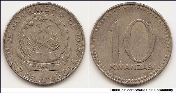 10 Kwanzas
KM#86.1
Copper-Nickel Obv: National arms Rev: Small date, dots near rim, Large value
