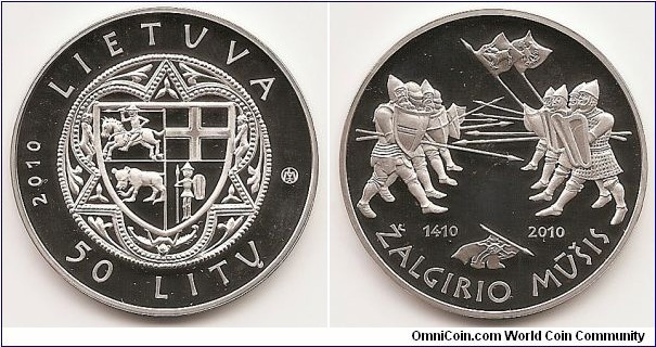 50 Litas
KM#181
Coin to commemorate the 600th anniversary of the Battle of Grunwald Silver Ag 925 Quality proof Diameter 38.61 mm Weight 28.28 g. The obverse of the coins features a seal of the head of the state of that time encircled with the inscriptions LIETUVA (Lithuania), the year of issue 2010, and the inscription of the denomination 50 LITŲ (50 litas). The reverse of the coins features scenes from the Battle of Grunwald that are revealed by the infantrymen clothing, armour and weapons typical of that time. The inscriptions ŽALGIRIO MŪŠIS (The Battle of Grunwald) and 1410-2010 are arranged in a semi-circle. On the edge of the coin: stylised 15th c.spearheads Designed by Rytas Jonas Belevicius 
Mintage 10,000 pcs
The coin was minted at the UAB Lithuanian Mint. Issued June 29, 2010