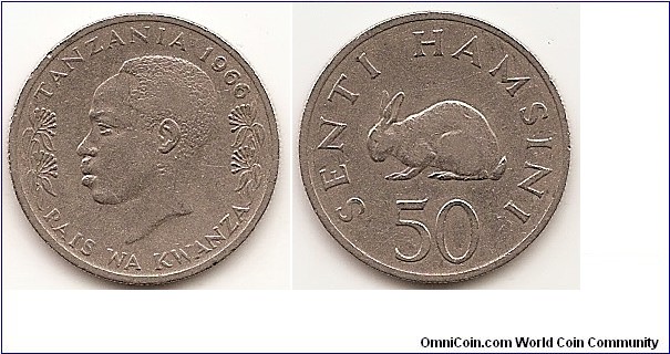 50 Senti
KM#3
4.0000 g., Copper-Nickel, 21 mm. Obv: Head of President J.K.Nyerere left Rev: Rabbit left