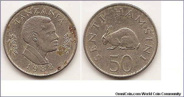 50 Senti
KM#26
4.0000 g., Nickel Clad Steel, 19.20 mm. Obv: President Mwinyi right flanked by flowers Rev: Rabbit left Edge: Reeded