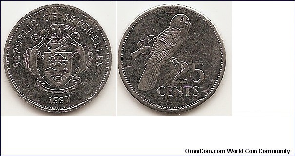 25 Cents
KM#49.3
2.8000 g., Nickel Clad Steel, 19 mm. Obv: Arms with supporters Rev: Black Parrot and value