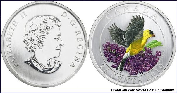Canada, 25 cents, 2010 Birds of Canada Series, Goldfinch, Coloured Coin