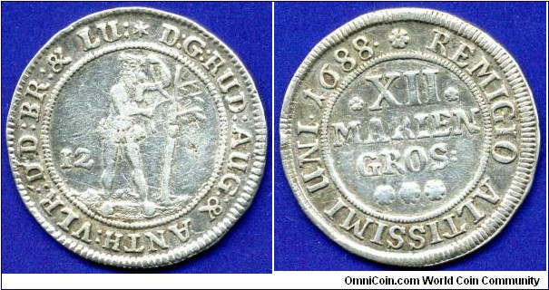 12 mariengroschen (1/3 Thaler).
Braunschweig-Wolfenbüttel.
Rudolf August und Anton Ulrich (1685-1704).


Ag.