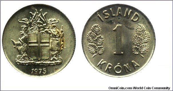 Iceland, 1 króna, 1975, Ni-Brass, 22.3mm, 4.8g.