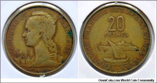 20 francs.
1965, French Territory of the Afars and Issas
