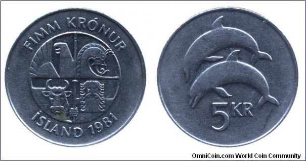 Iceland, 5 krónur, 1981, Cu-Ni, 24.5mm, 6.5g, Delphinus delphis (Dolphins), Four Defenders of Iceland.