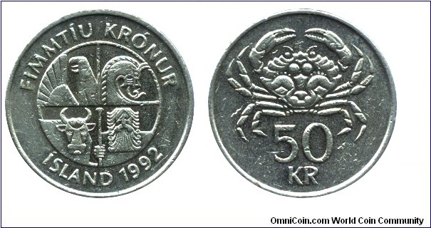Iceland, 50 krónur, 1992, Ni-Brass, 23mm, 8.5g, Carcinus maenas (Crab), Four Defenders of Iceland.