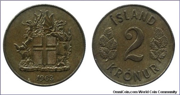 Iceland, 2 krónur, 1963, Ni-Brass, 28mm, 9.5g.