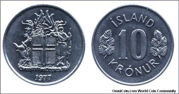 Iceland, 10 krónur, 1977, Cu-Ni, 25mm, 6.52g.