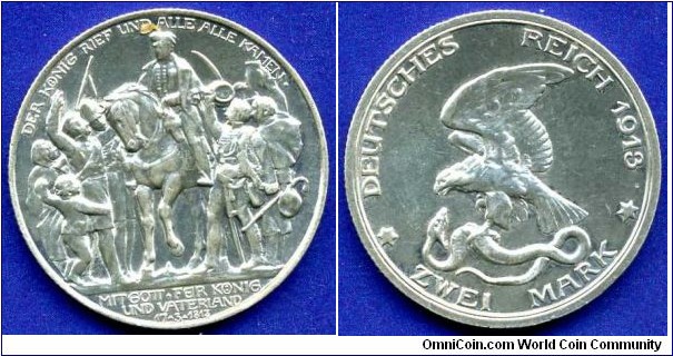 2 Mark.
German Empire.
Prussia.
100 th anniversary of the Battle of Nations near Leipzig.
Mintage 1,500,000 units.


Ag900f. 11,11gr.