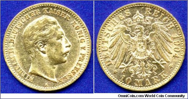 10 Mark.
German Empire.
Prussia.
Wilhelm II (1888-1918) von Preussen.
*A* - Berlin mint.
Mintage 1,178,000 units.


Au900f. 3,982gr.