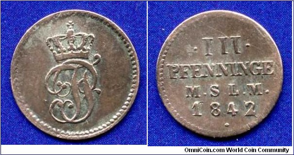 3 pfennige (Dreiling).
Meklenburg-Schwerin.
Friedrich Franz II (1842-1883).
Mintage 157,000 units.


Ag125f. 0,45gr.
