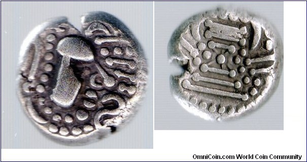 Circa 800-950ad Rajput dynasties Saurashtra & Gujarat 
silver drachm 
Imitation of Sassanian silver drachms of Khushrau 
stylized head of Khushrau facing right, degraded inscriptions
Stylized fire altar with attendants on both sides
Good silver not Billon
