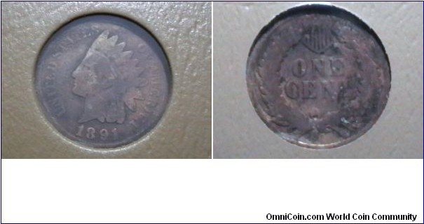 U.S. 1891 1 Indian Head Cent KM# 90a obv