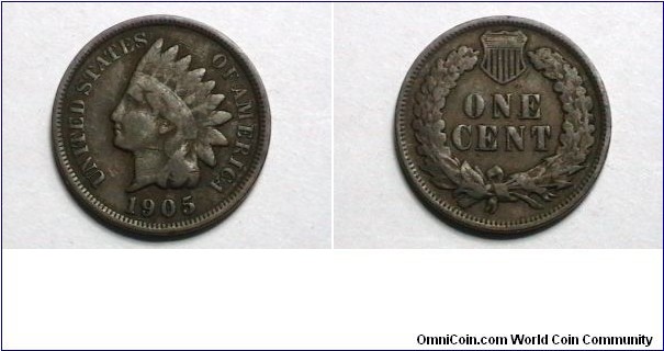 U.S. 1905 1 Indian Head Cent KM# 90a 