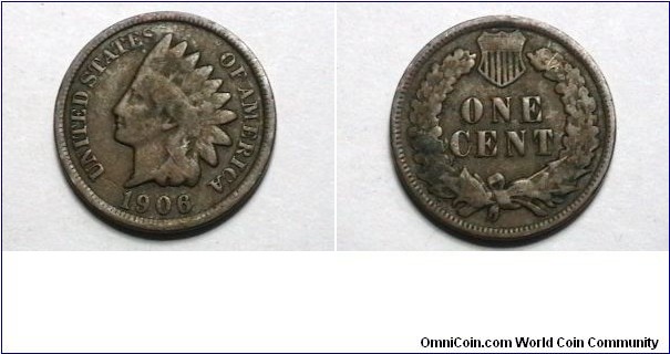 U.S. 1906 1 Indian Head Cent KM# 90a 