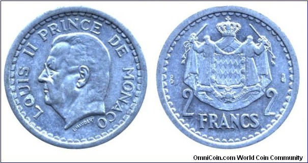 Monaco, 2 francs, 1943, Al, Prince Louis II.