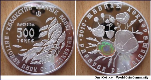 500 Tenge - Papaver Pavonium - 31.1 g Ag .925 Proof (with hologram) - mintage 4,000