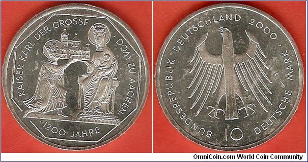 10 Mark 2000
1200th Anniversary of founding of Aanchener Dom by Charlemagne
0.925 silver
