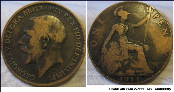 1911 penny, F grade, poor strike reverse