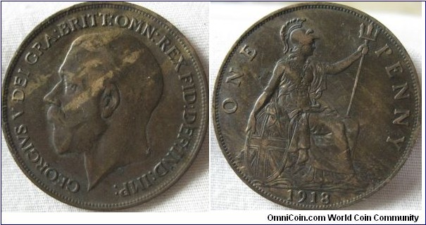 1918 penny, VF+ with poor stuck obverse,a slight flaw in the die and metal mix error