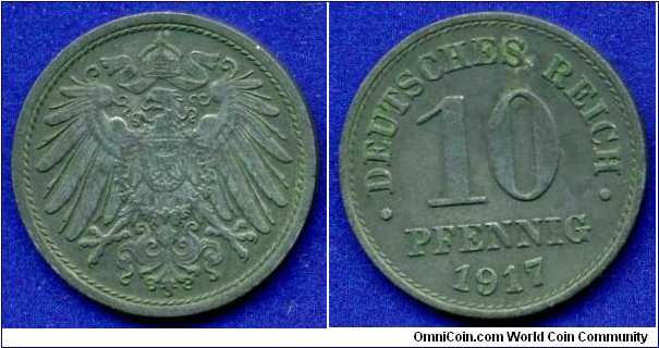 10 pfenning.
German Empire.
Without mintmark.
Mintage 75,073,000 units.


Zn.