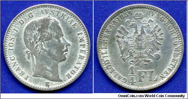 1/4 Florin.
Austrian Empire.
Franc Ioseph I (1848-1916).
*E* - Karlsburg (Karlovský  Bĕlehrad, Gyula Féhervár) mint, Transilvania.
Mintage 6,160,000 units.


Ag520f. 5,341gr.