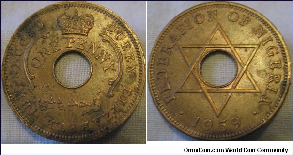 nigeria 1959 penny, EF but for corrosion