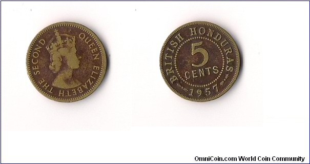 Denomination:.05¢
Alloy:Nickel-brass
Ruler:Elizabeth II	
Obverse:Bust of Queen Elizabeth II	
Obverse Designer:Cecil Thomas	Reverse:Denominationwithin circle, date below	
Edge:Plain	Shape:Circular	Mintage:100,000
