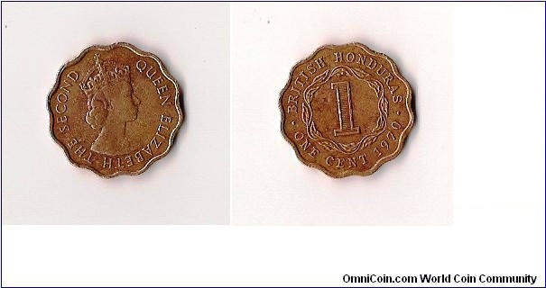 Denomination:.01¢
Alloy:Bronze	Diameter:19.5mm	Ruler:Elizabeth II	
Obverse:Bust of Queen Elizabeth II	
Obverse
Designer:Cecil Thomas	
Reverse:Numeric denomination within scaloped circle, date and denomination below	
Edge:Plain	Shape:Scaloped	
Mintage:120,000
