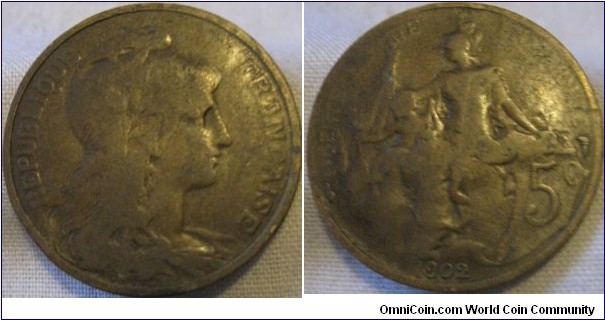 1902 5 centimes, average grade 7.9 million minted