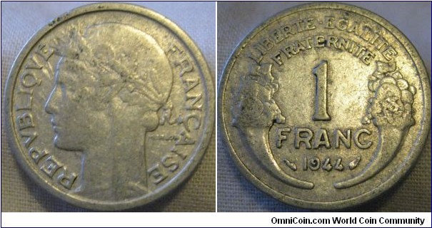 1944 C 1 franc, weak strike makes the C almost invisible
