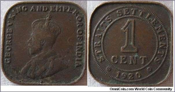 1920 straits settlemtns 1 cent F grade