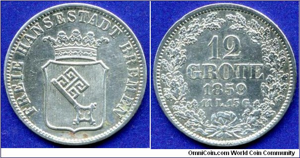 12 grote (1/6 Thaler).
Freie Hansestadt Bremen.
The legend on the obverse above the coat of arms.
Mintage 450,000 units.


Ag750f. 3,889gr.