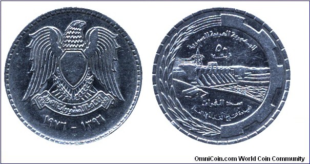 Syria, 50 piastres, 1976, Ni, 23.4mm, 5g, FAO, Euphrates Dam.