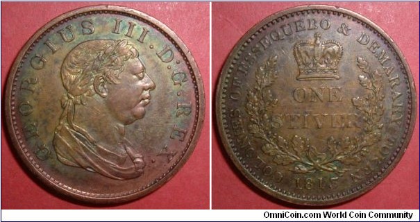 Colonies of Essequebo & Demarary Token George III 1 Stiver 1813