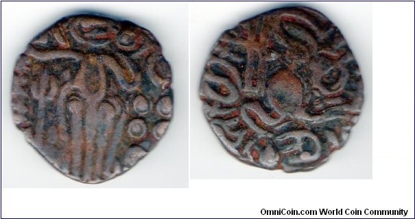 985-1014 
South India Cholas Empire 
Raja Raja I 
Coin found I believe in or near Vijayanagara