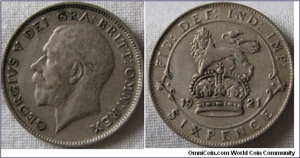 1921 sixpence, EF toning not visible on photo, reverse weakly struck