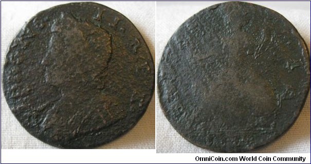 1744 halfpenny, best guess i could come up with, very pitted and worn