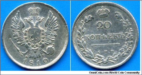 20 kopeks.
Russian Empire.
Alexander I (1801-1825).
*SPB* - Sankt-Pitersburg mint.
*F.G.* - mintmaster Feodor Gelman, work on SPB mint in 1803-13.
Mintage 250,000 units.
This coin was found today with the help of the metal-detector.


Ag750f. 4,81gr.