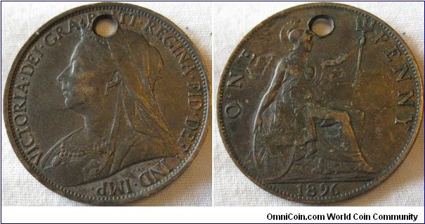 1896 penny, EF but holed, some lustre in legend