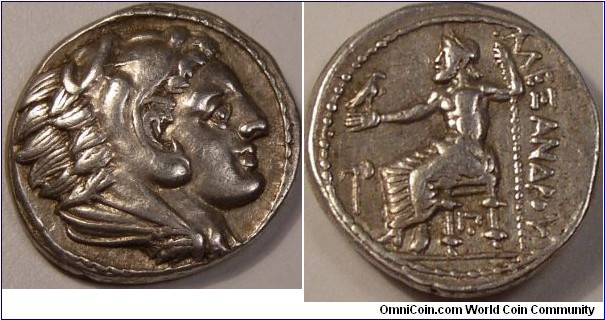 KINGS of MACEDON. Alexander III ‘the Great’. 336-323 BC. AR Tetradrachm  ‘Amphipolis’ mint. Struck under Kassander, circa 316-315 BC. Head of Herakles right, wearing lion skin / Zeus Aëtophoros seated left; axe in left field, monogram below throne. Price 139; Troxell, Studies, Group L, 10