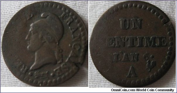 1797 1 centime, F grade, possible thinning planchest on one side