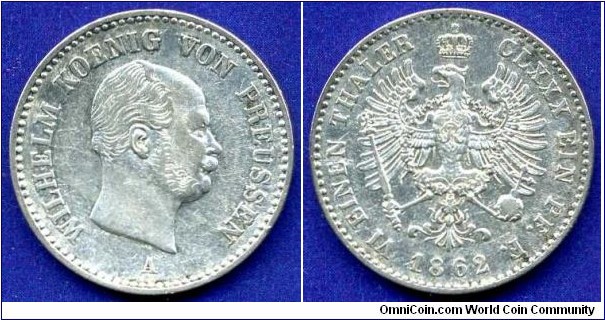 1/6 Vereinsthaler.
Prussia.
Wilhelm I (1861-1888).
*A* - Berlin mint.
Mintage 1,180,000 units.


Ag521f. 5,345gr.